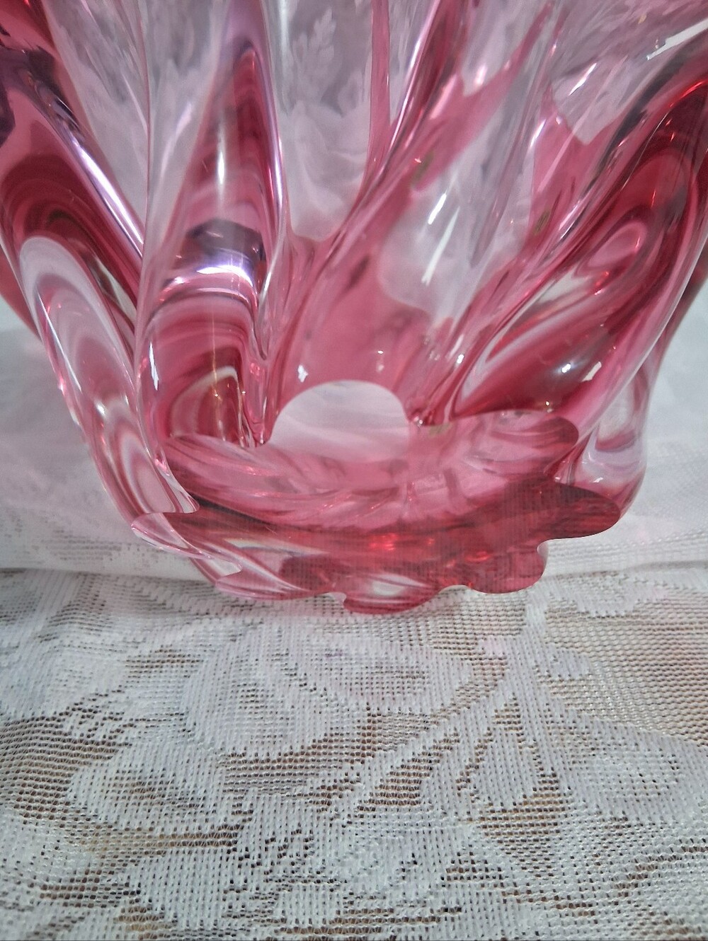 Vintage Bohemian Art Glass Basket Cranberry Clear Cased Glass Mid Century Czech - Picture 12 of 16